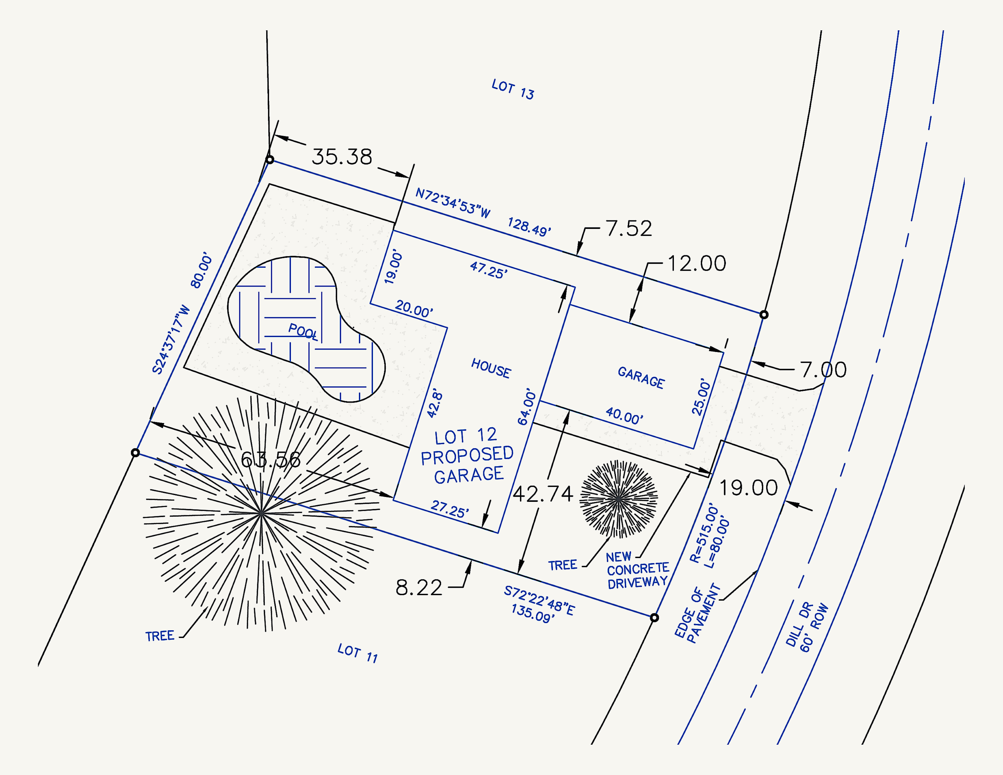 Complete residential site plan for a proposed garage on Lot 12 at 3891 Dill Drive