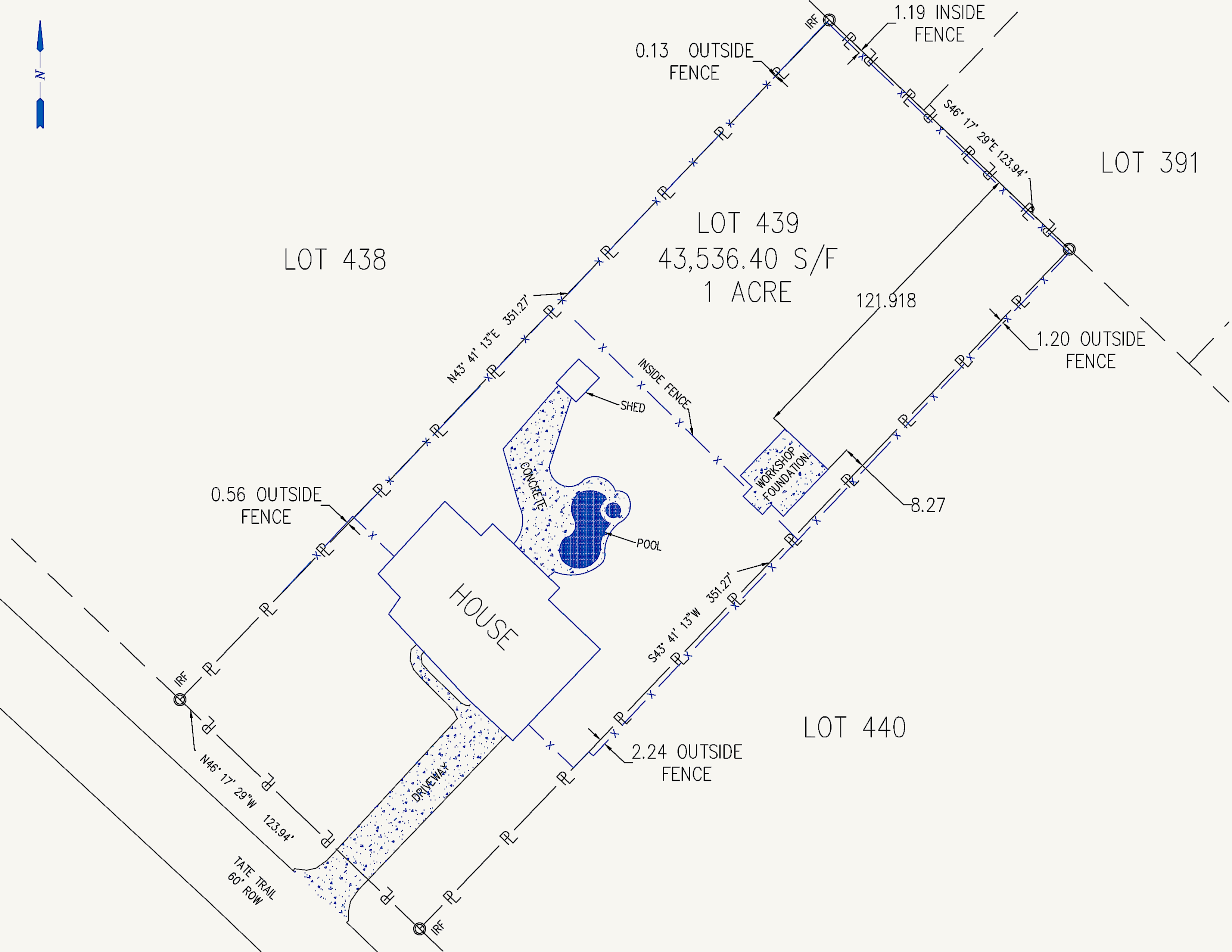 Complete boundary and improvement survey drawing for Lot 439 Block C at 910 Tate Trail in San Marcos, Texas