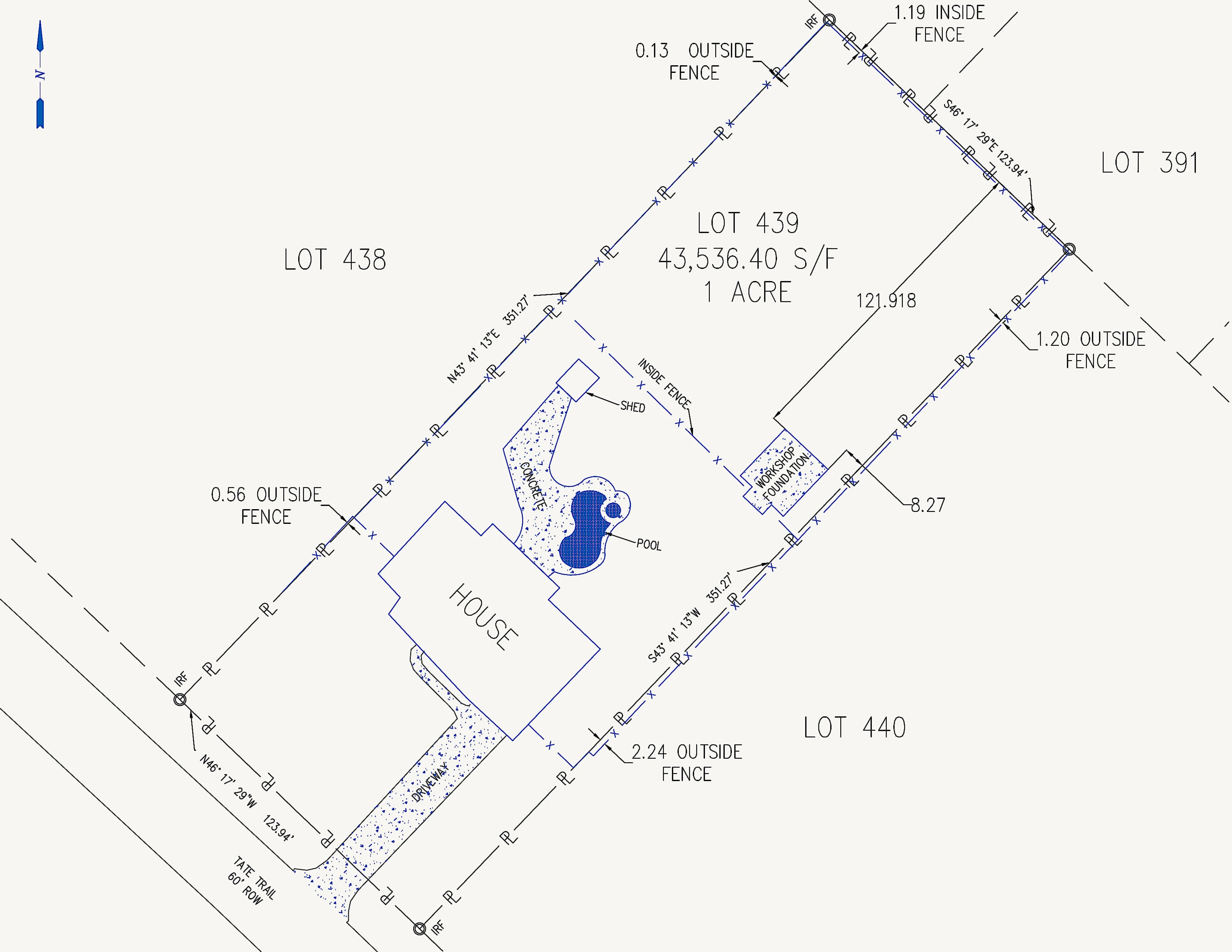 Complete boundary and improvement survey drawing for Lot 439 Block C at 910 Tate Trail in San Marcos, Texas