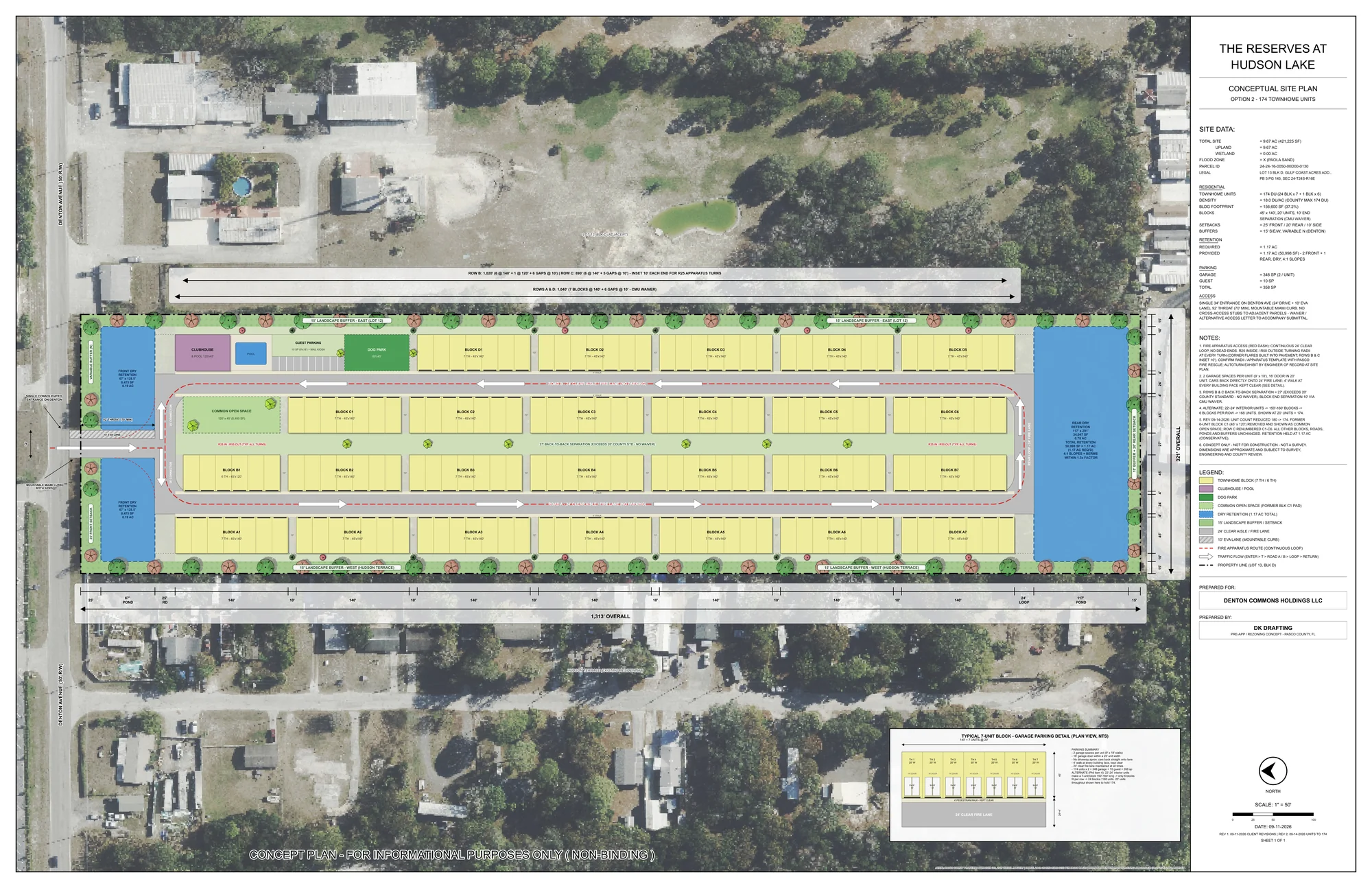 Conceptual site plan exhibit for The Reserves at Hudson Lake: 174 townhome units on a county aerial with a single entrance, loop fire lane, four rows of townhome blocks, clubhouse and pool, dry retention ponds, landscape buffers, site data table, notes and legend.