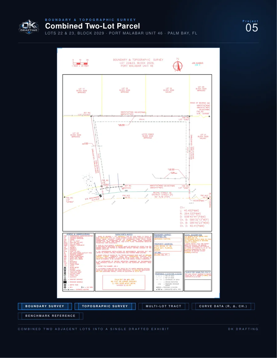 Boundary and topographic survey of a combined two-lot parcel in Palm Bay, FL