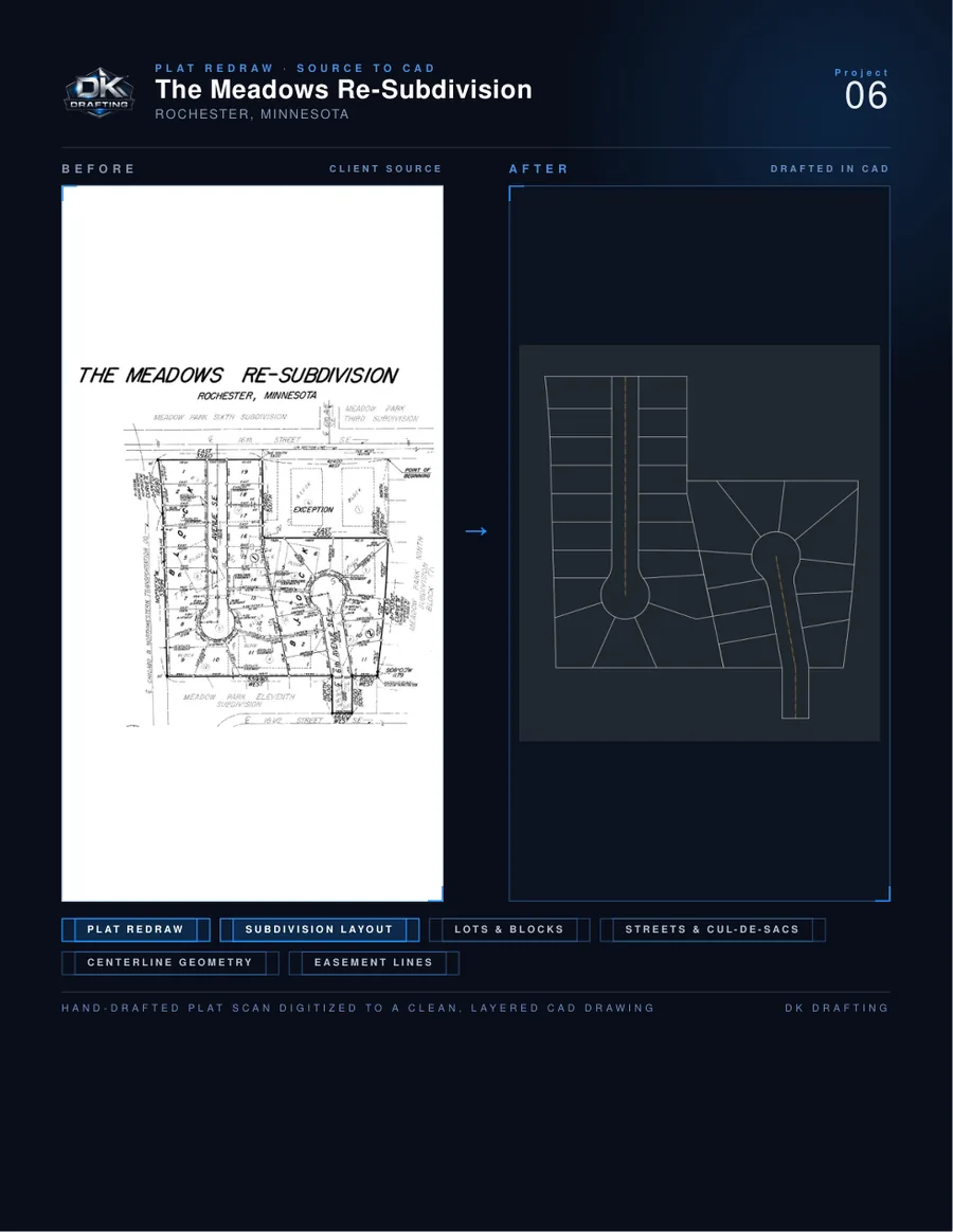 Plat redraw of The Meadows Re-Subdivision in Rochester, MN, from hand-drafted source to clean CAD
